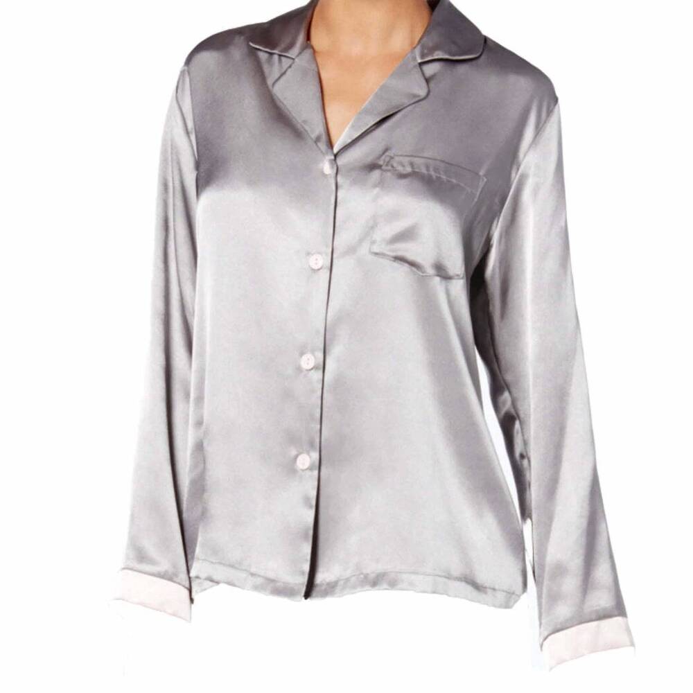 NEW LINEA DONATELLA satin long sleeve pajama top in pink/silver